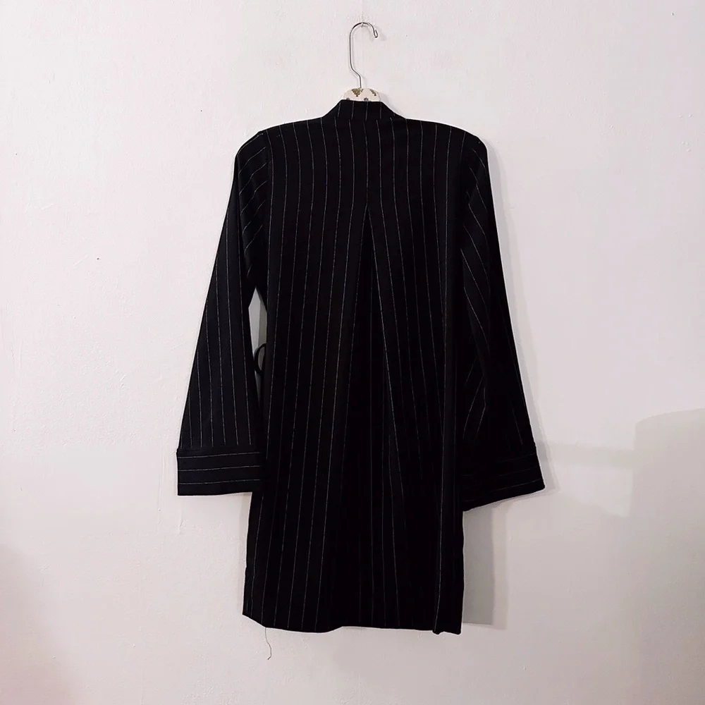 Ganni Heavy Crepe Pinstripes Wrap Mini Dress Black White